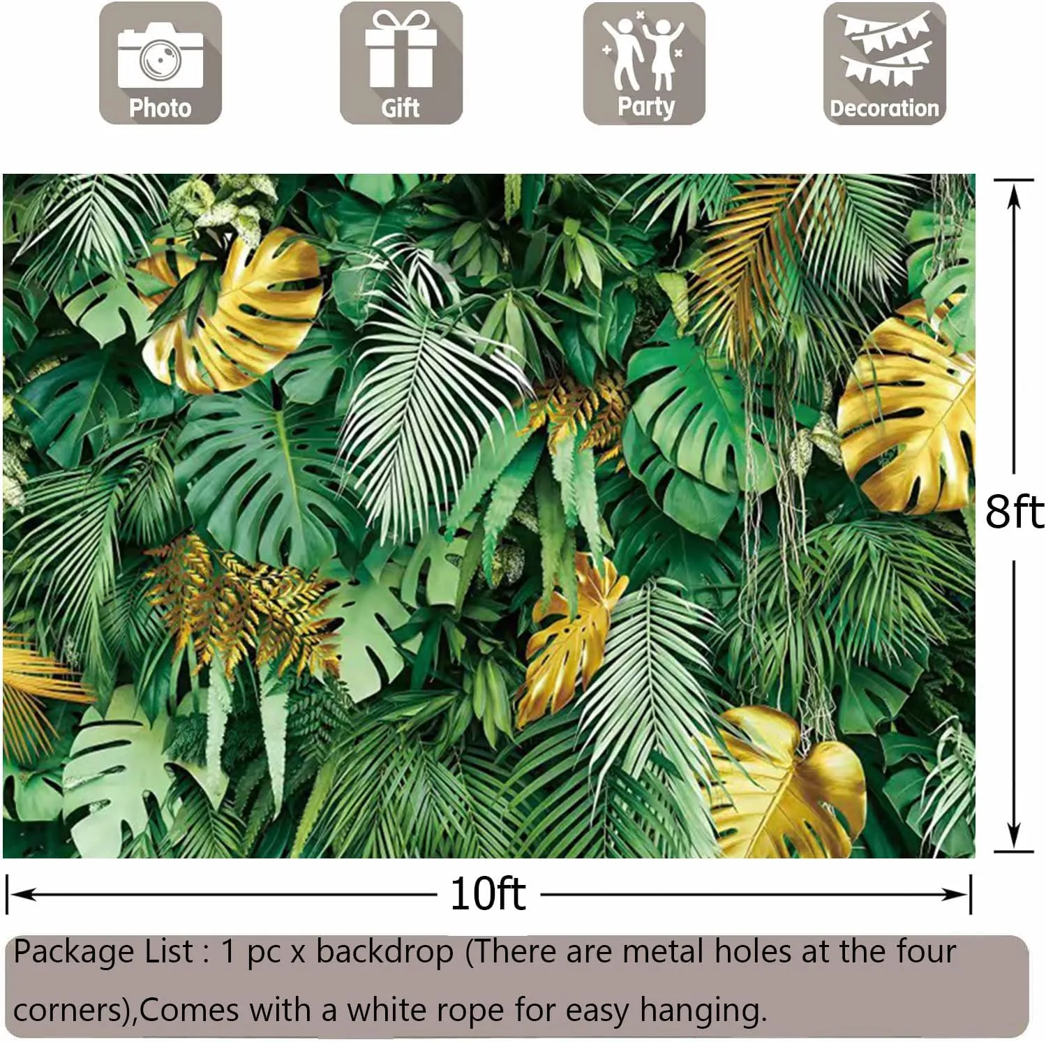 Tropical Palm Leaves Backdrop 10x8ft Jungle Safari Gold Plants Photography Background Summer Green and Golden Leaf Hawaiian Luau Party Banner for Baby Shower Birthday Decorations Fabric Polyester
