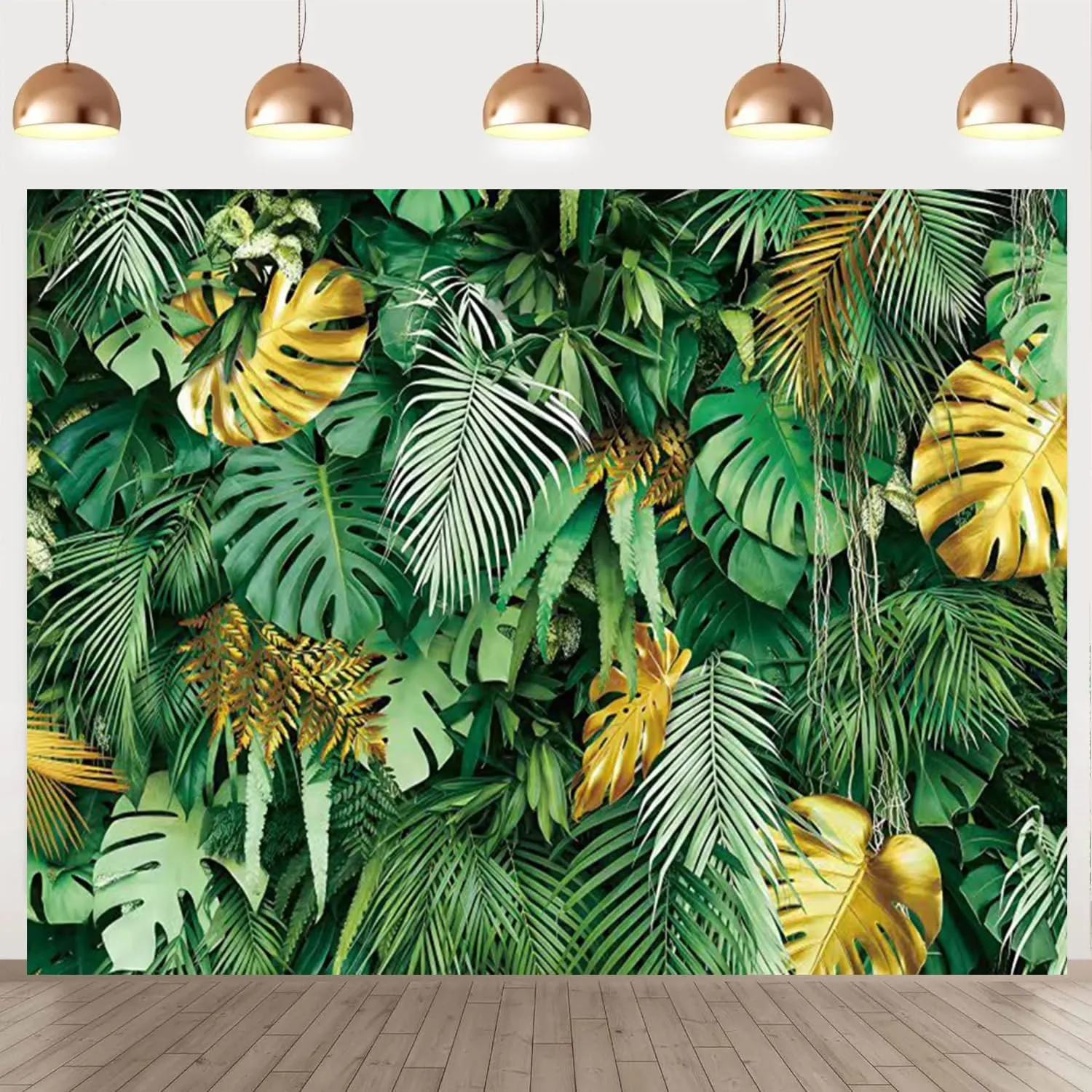 Tropical Palm Leaves Backdrop 10x8ft Jungle Safari Gold Plants Photography Background Summer Green and Golden Leaf Hawaiian Luau Party Banner for Baby Shower Birthday Decorations Fabric Polyester