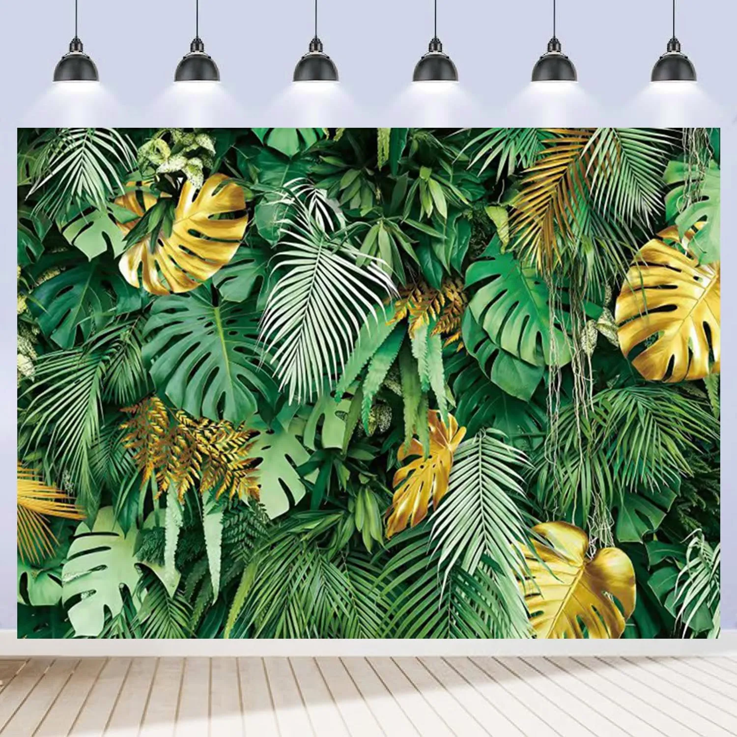 Tropical Palm Leaves Backdrop 10x8ft Jungle Safari Gold Plants Photography Background Summer Green and Golden Leaf Hawaiian Luau Party Banner for Baby Shower Birthday Decorations Fabric Polyester