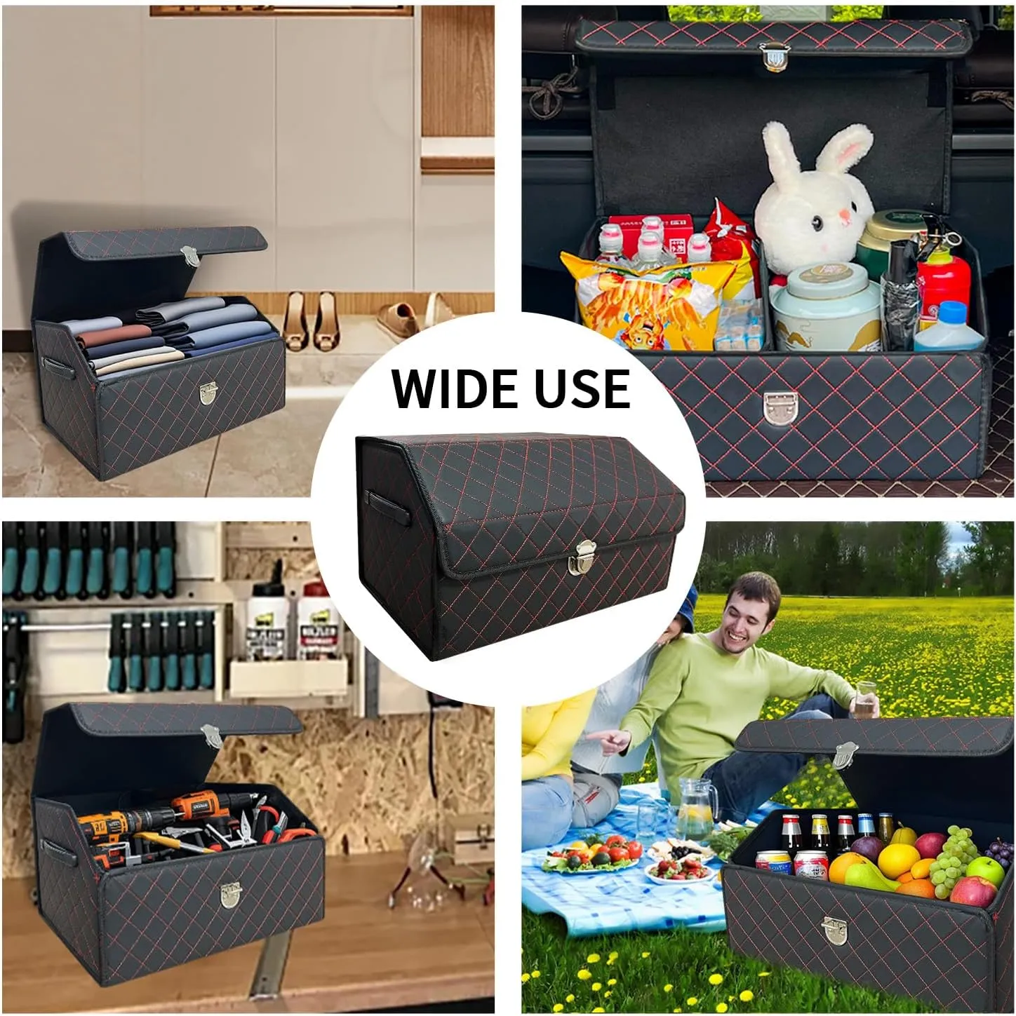 Trunk Organizer for Car With Lid,Foldable Trunk Organizer for SUVs & Sedans,Multi-Functional Leather Storage Box- Black Red Grid - Small