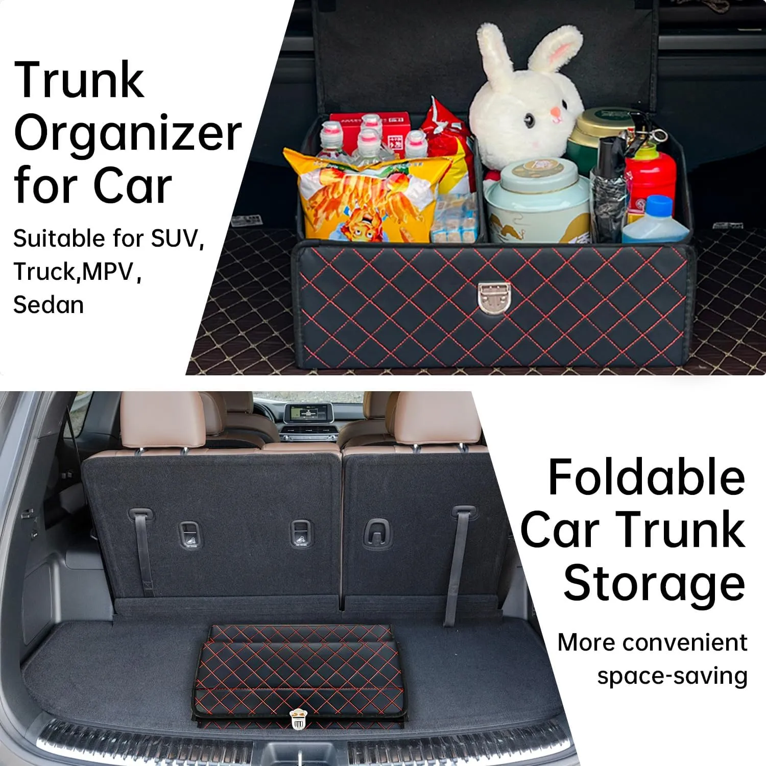 Trunk Organizer for Car With Lid,Foldable Trunk Organizer for SUVs & Sedans,Multi-Functional Leather Storage Box- Black Red Grid - Small