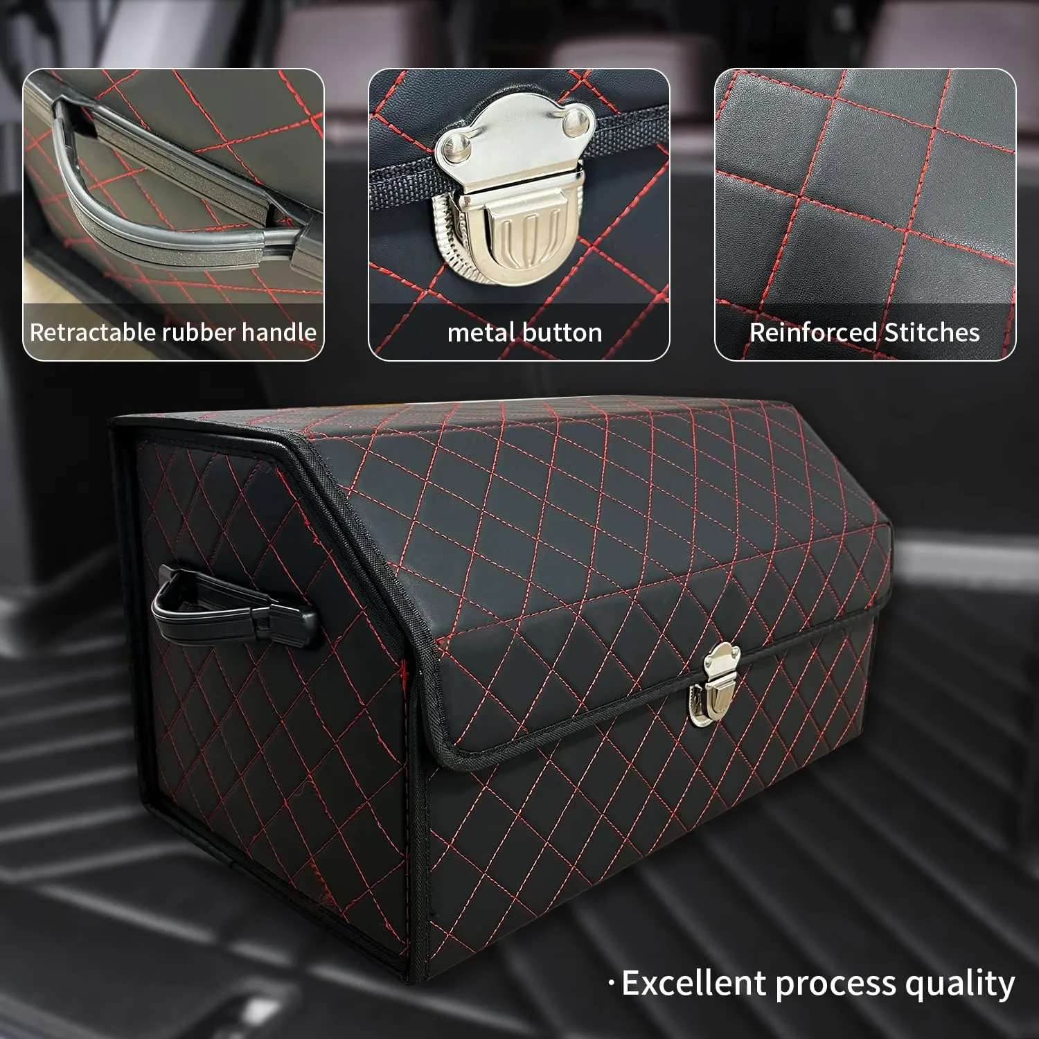 Trunk Organizer for Car With Lid,Foldable Trunk Organizer for SUVs & Sedans,Multi-Functional Leather Storage Box- Black Red Grid - Small