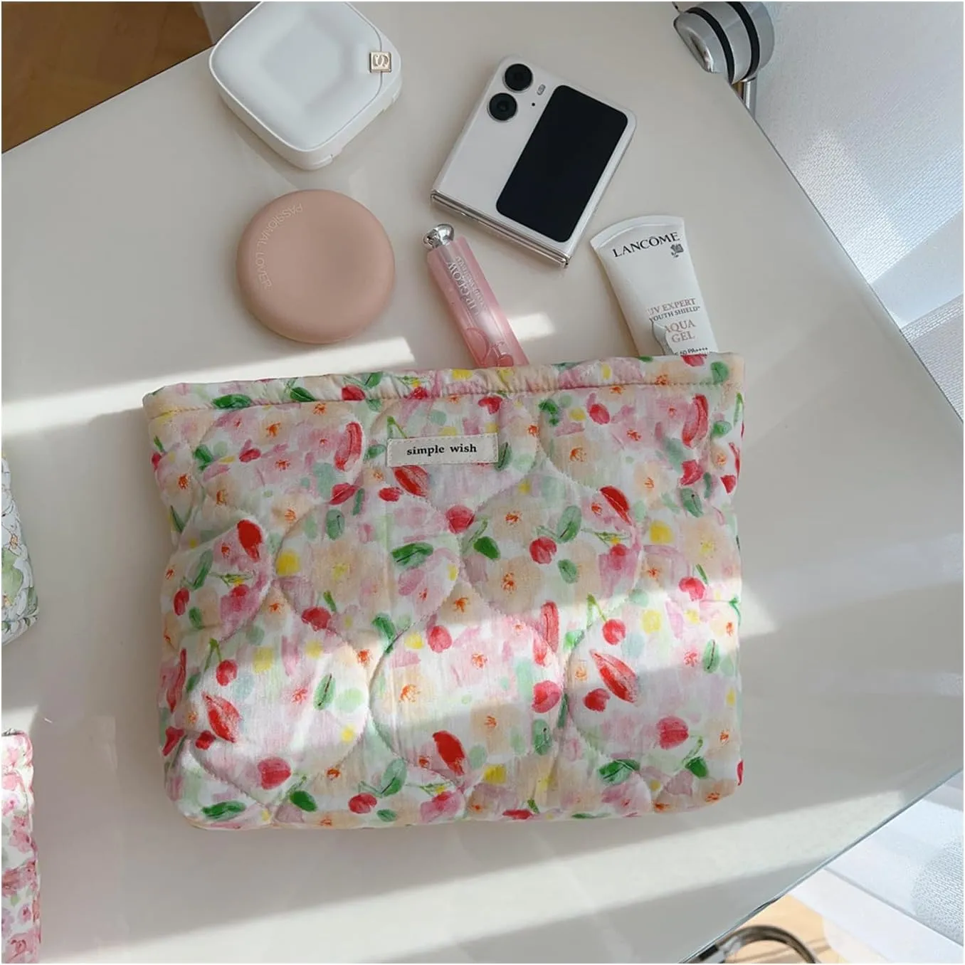 uekeboag Quilted Floral Cotton Makeup Pouch,Coquette Quilted Cosmetic Bag for Women and Girls, Aesthetic Organizer Bag, Flower Cute Travel Toiletry Bags(03Watercolor Flower)