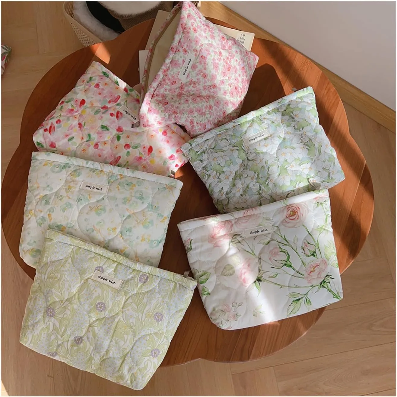 uekeboag Quilted Floral Cotton Makeup Pouch,Coquette Quilted Cosmetic Bag for Women and Girls, Aesthetic Organizer Bag, Flower Cute Travel Toiletry Bags(03Watercolor Flower)
