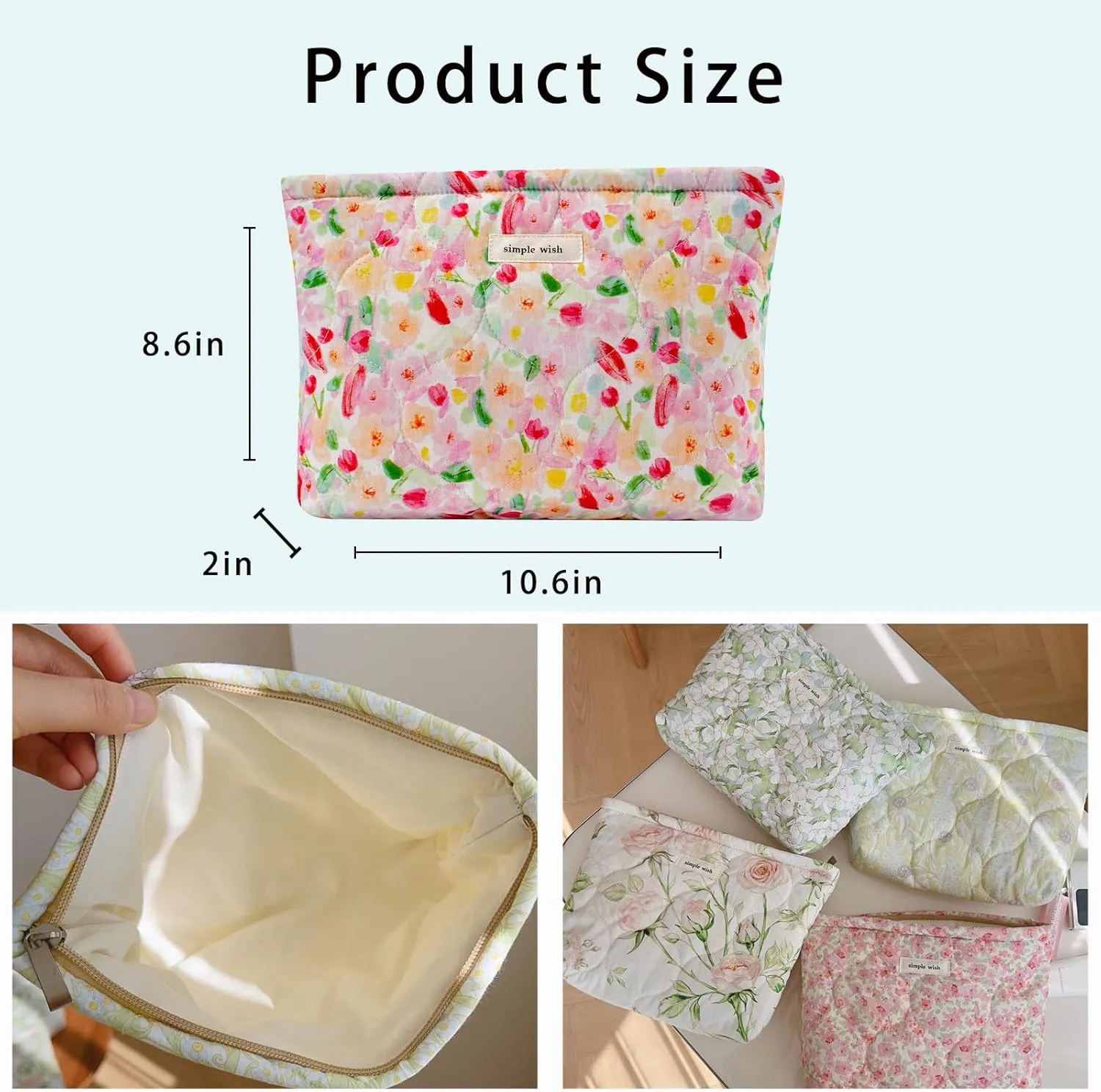 uekeboag Quilted Floral Cotton Makeup Pouch,Coquette Quilted Cosmetic Bag for Women and Girls, Aesthetic Organizer Bag, Flower Cute Travel Toiletry Bags(03Watercolor Flower)