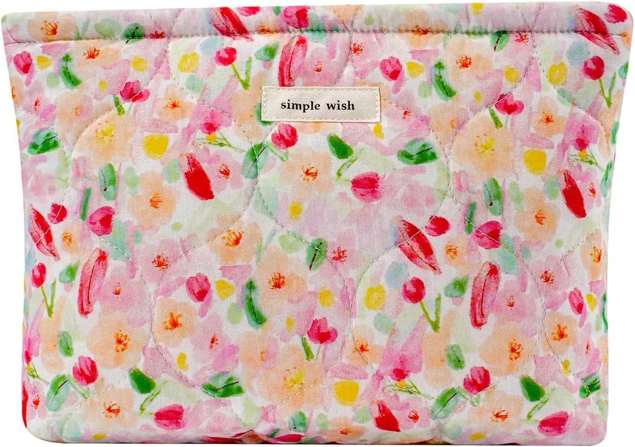 uekeboag Quilted Floral Cotton Makeup Pouch,Coquette Quilted Cosmetic Bag for Women and Girls, Aesthetic Organizer Bag, Flower Cute Travel Toiletry Bags(03Watercolor Flower)