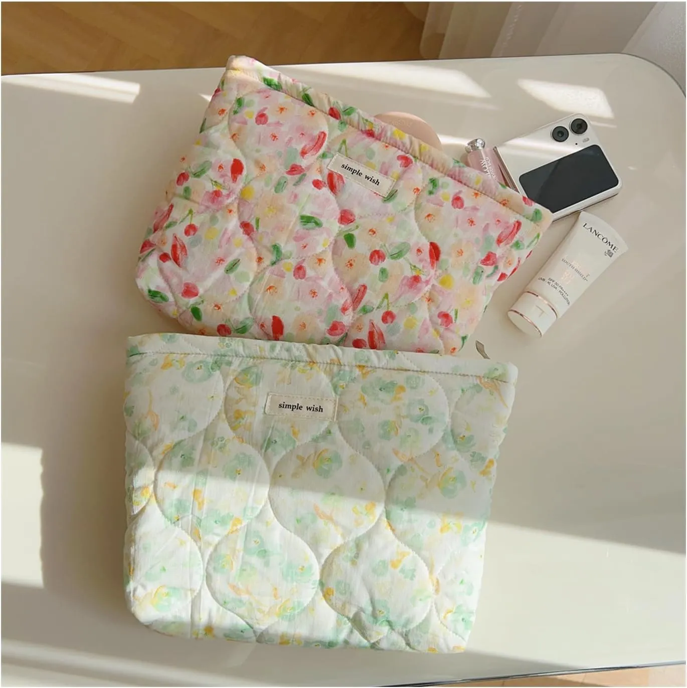 uekeboag Quilted Floral Cotton Makeup Pouch,Coquette Quilted Cosmetic Bag for Women and Girls, Aesthetic Organizer Bag, Flower Cute Travel Toiletry Bags(03Watercolor Flower)