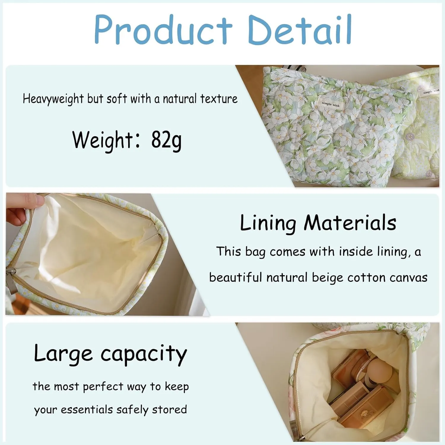 uekeboag Quilted Floral Cotton Makeup Pouch,Coquette Quilted Cosmetic Bag for Women and Girls, Aesthetic Organizer Bag, Flower Cute Travel Toiletry Bags(03Watercolor Flower)