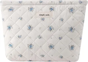 uekeboag Quilted Floral Cotton Makeup Pouch,Coquette Quilted Cosmetic Bag for Women and Girls, Aesthetic Organizer Bag, Flower Cute Travel Toiletry Bags(08Blue Flower)