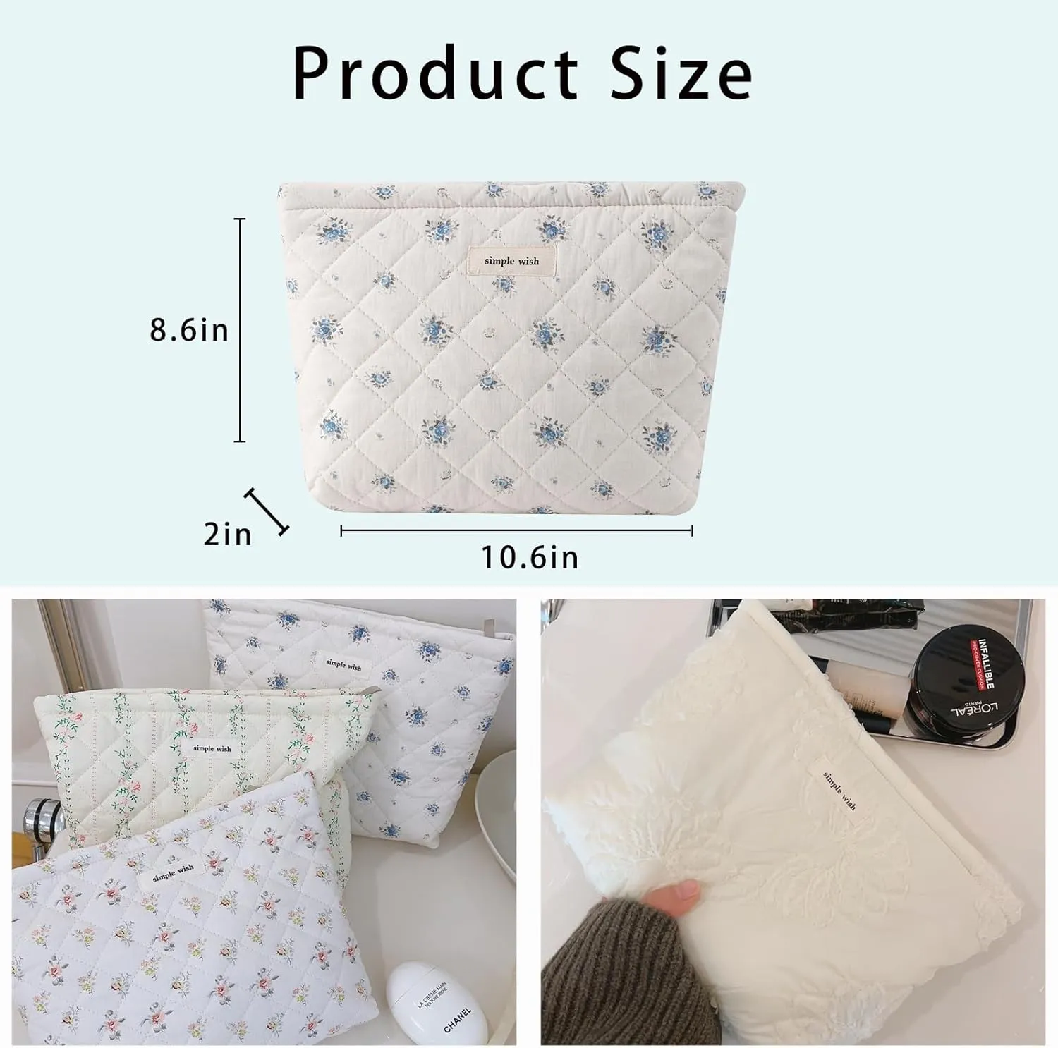 uekeboag Quilted Floral Cotton Makeup Pouch,Coquette Quilted Cosmetic Bag for Women and Girls, Aesthetic Organizer Bag, Flower Cute Travel Toiletry Bags(08Blue Flower)