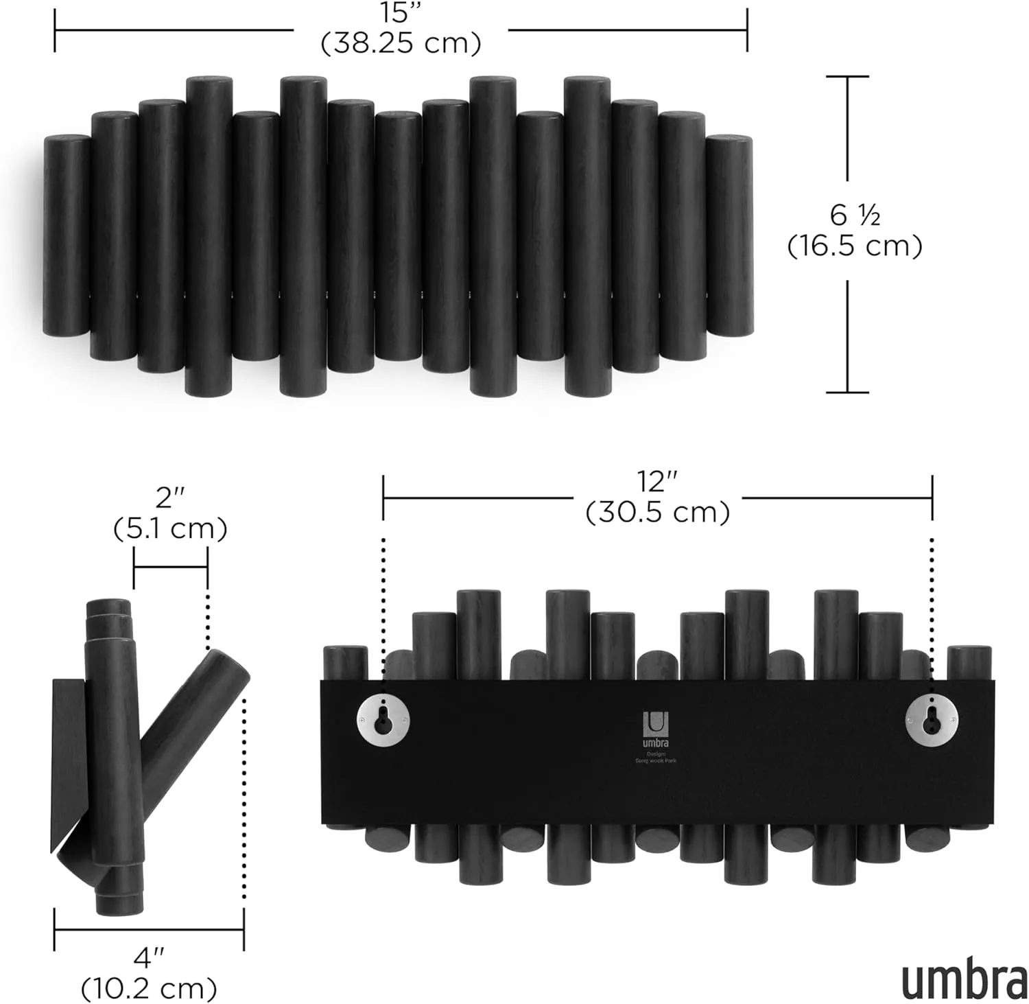 Umbra Picket Wall-Mounted Coat Rack Rail Hook with 5 Retractable Wood Pegs – Modern, Space-Saving Storage Organizer, Black