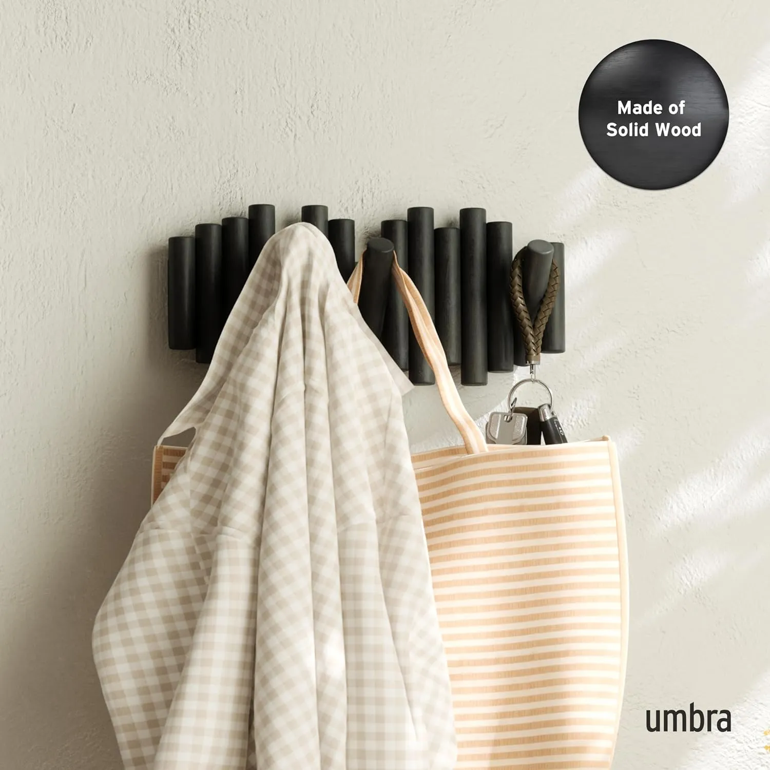 Umbra Picket Wall-Mounted Coat Rack Rail Hook with 5 Retractable Wood Pegs – Modern, Space-Saving Storage Organizer, Black
