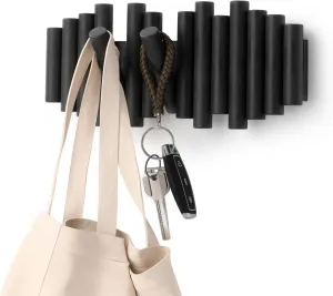 Umbra Picket Wall-Mounted Coat Rack Rail Hook with 5 Retractable Wood Pegs – Modern, Space-Saving Storage Organizer, Black