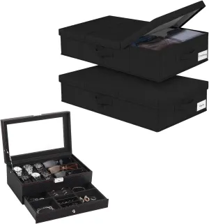 Under Bed Storage & Watch Box, Leather Mens Jewelry Box With 6 Slot Watch Case & 3 Slot Sunglasses Organizer, 2 Layers Lockable Watch Holder Organizer With Glass Lid