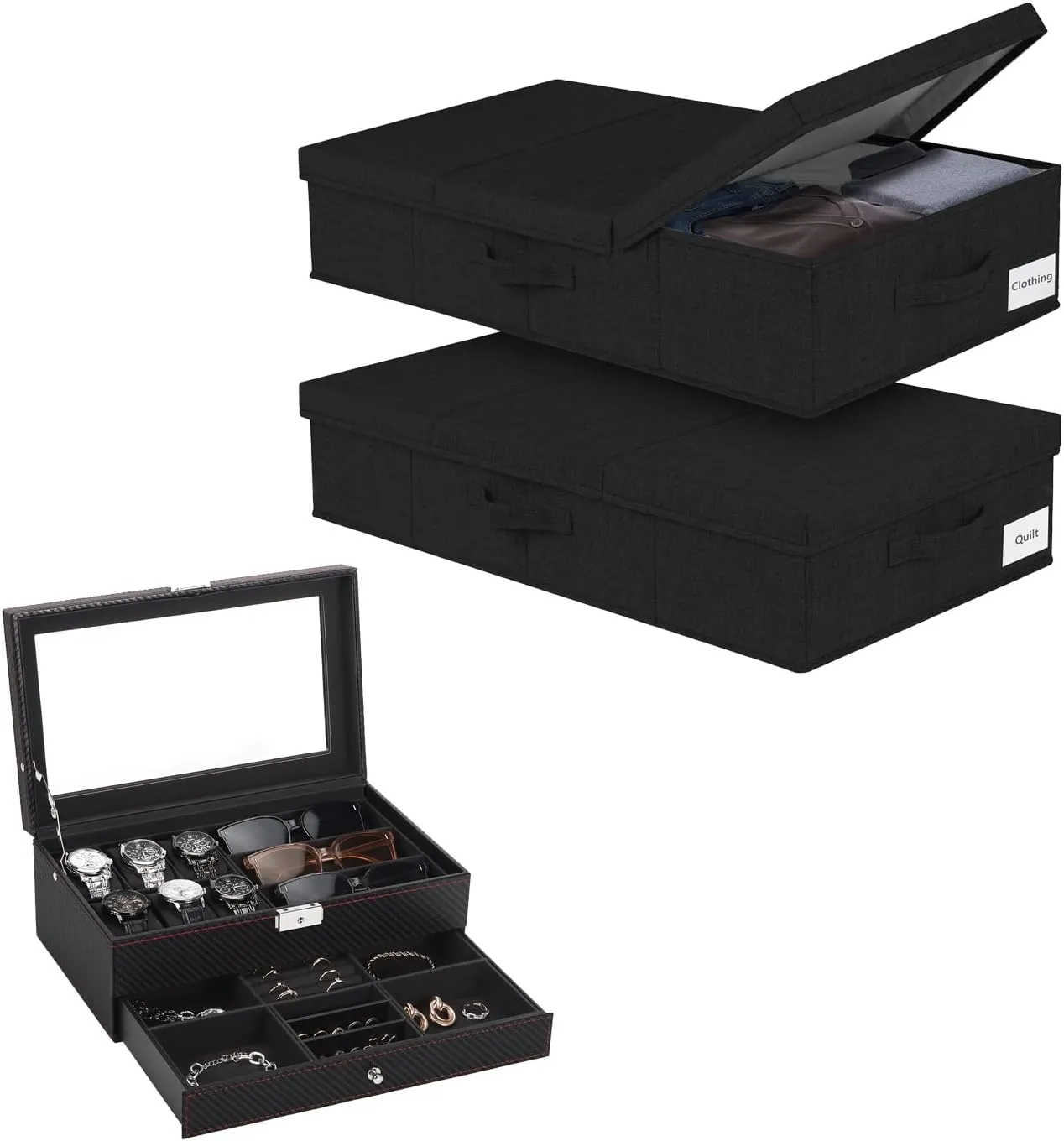 Under Bed Storage & Watch Box, Leather Mens Jewelry Box With 6 Slot Watch Case & 3 Slot Sunglasses Organizer, 2 Layers Lockable Watch Holder Organizer With Glass Lid
