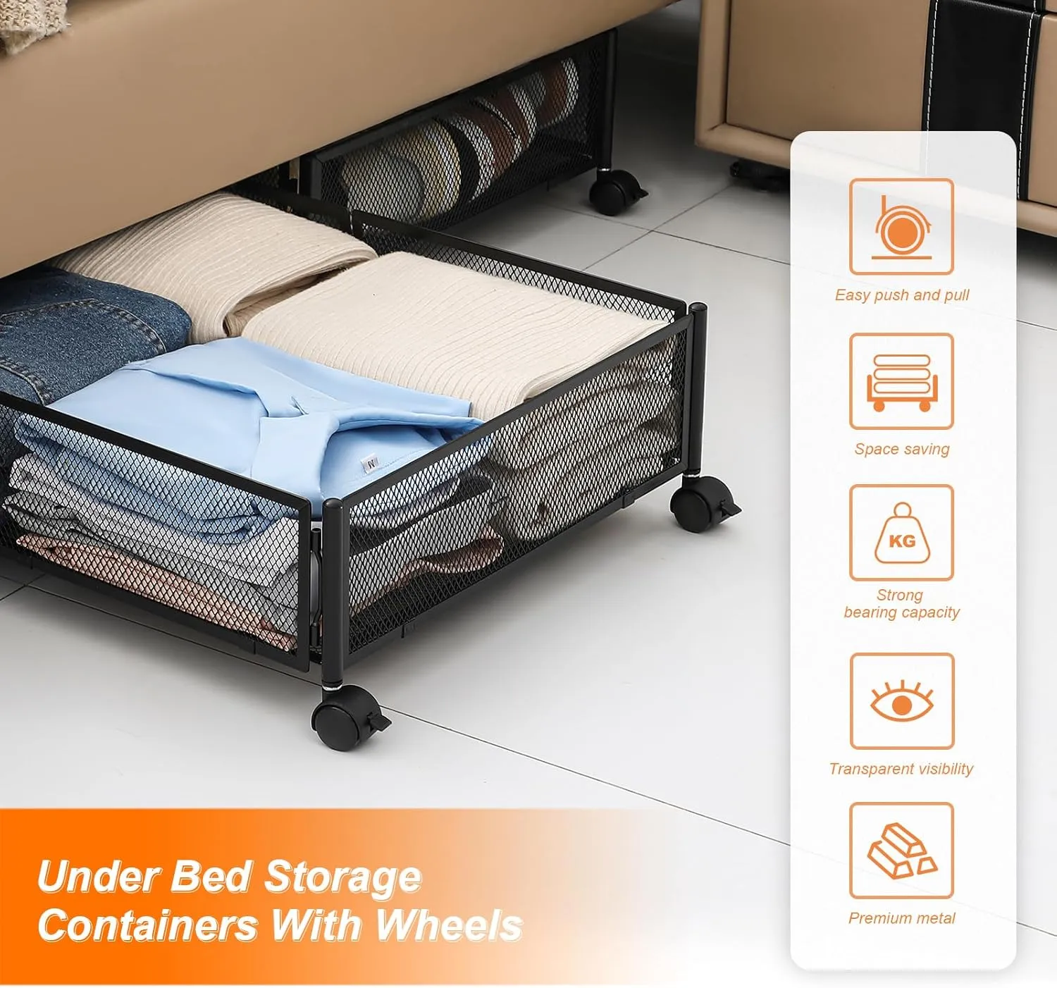 Under Bed Storage Containers, 2 Pack Foldable Metal Storage with Wheels. (2 PCK.Black)