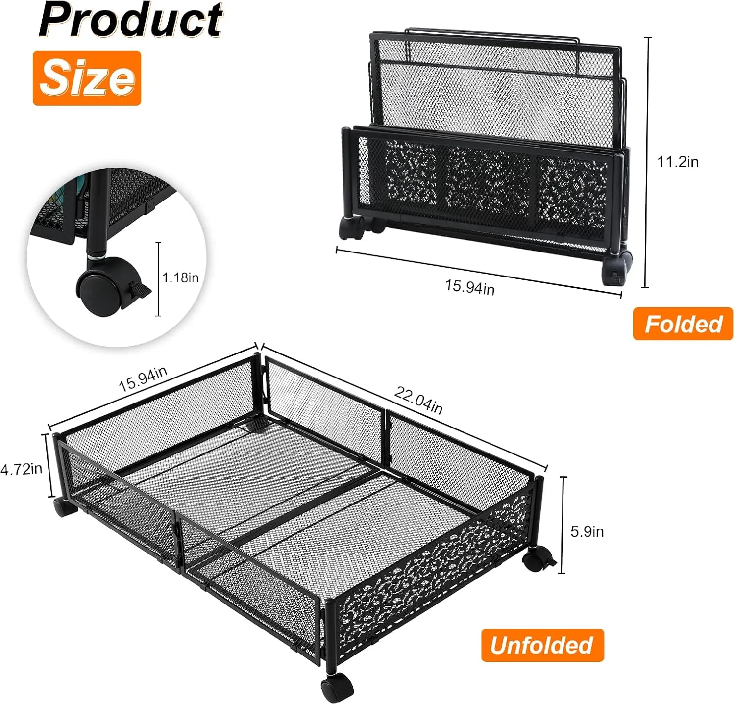 Under Bed Storage Containers, 2 Pack Foldable Metal Storage with Wheels. (2 PCK.Black)
