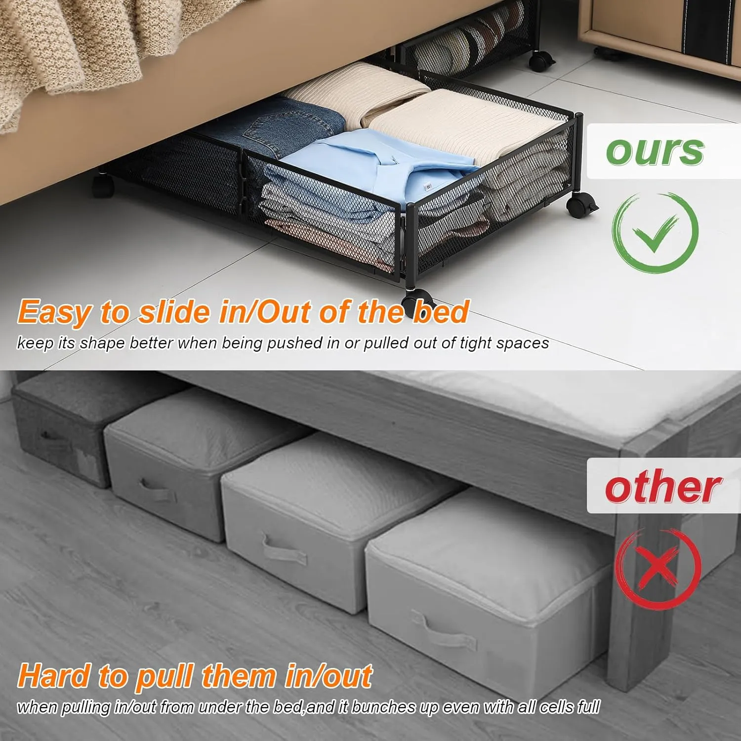 Under Bed Storage Containers, 2 Pack Foldable Metal Storage with Wheels. (2 PCK.Black)