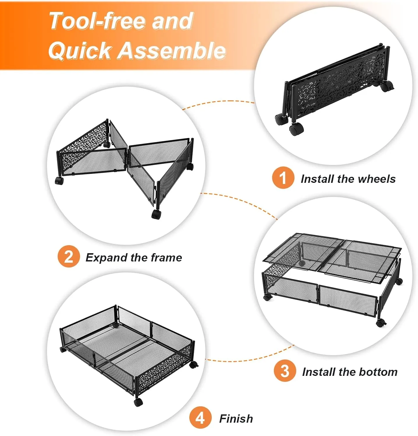 Under Bed Storage Containers, 2 Pack Foldable Metal Storage with Wheels. (2 PCK.Black)