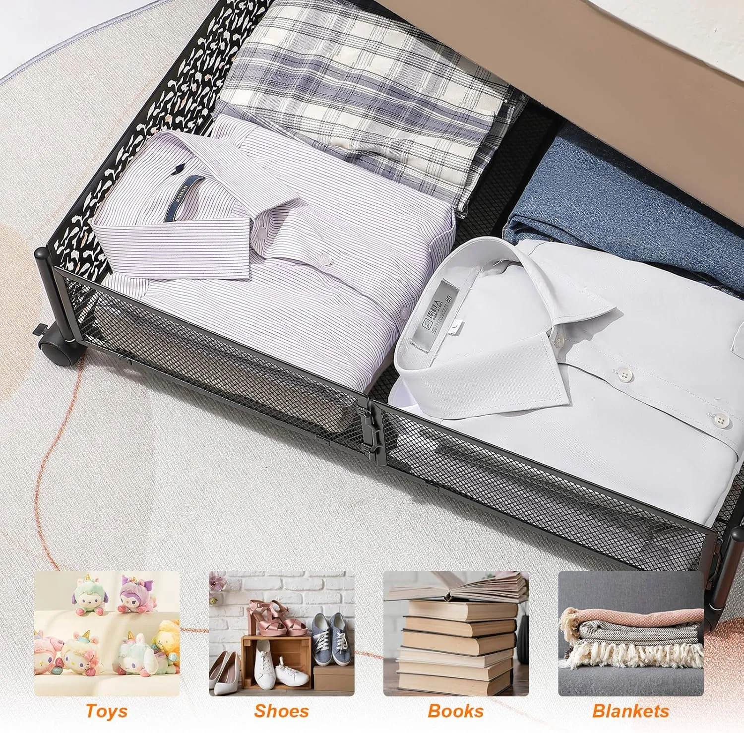 Under Bed Storage Containers, 2 Pack Foldable Metal Storage with Wheels. (2 PCK.Black)
