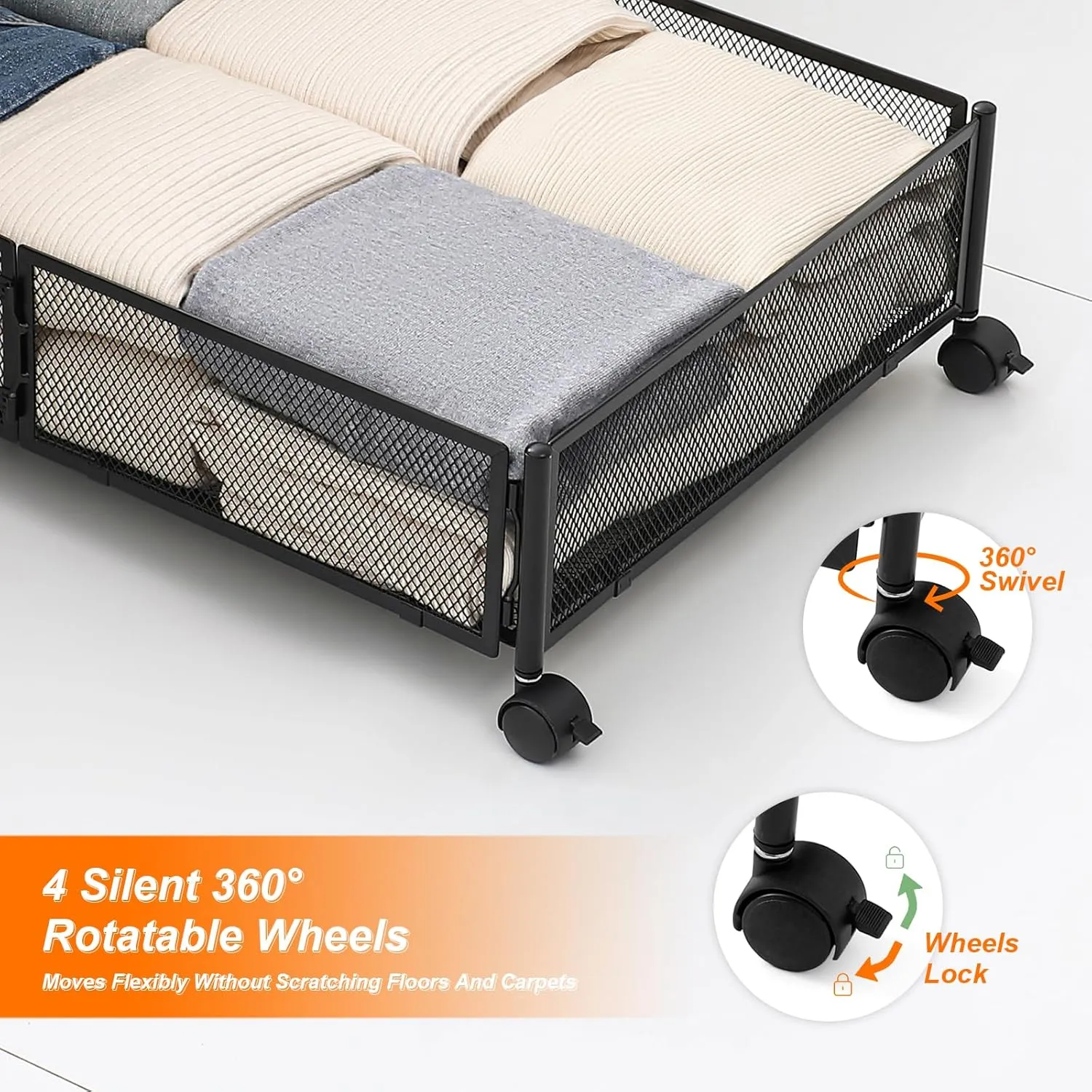 Under Bed Storage Containers, 2 Pack Foldable Metal Storage with Wheels. (2 PCK.Black)