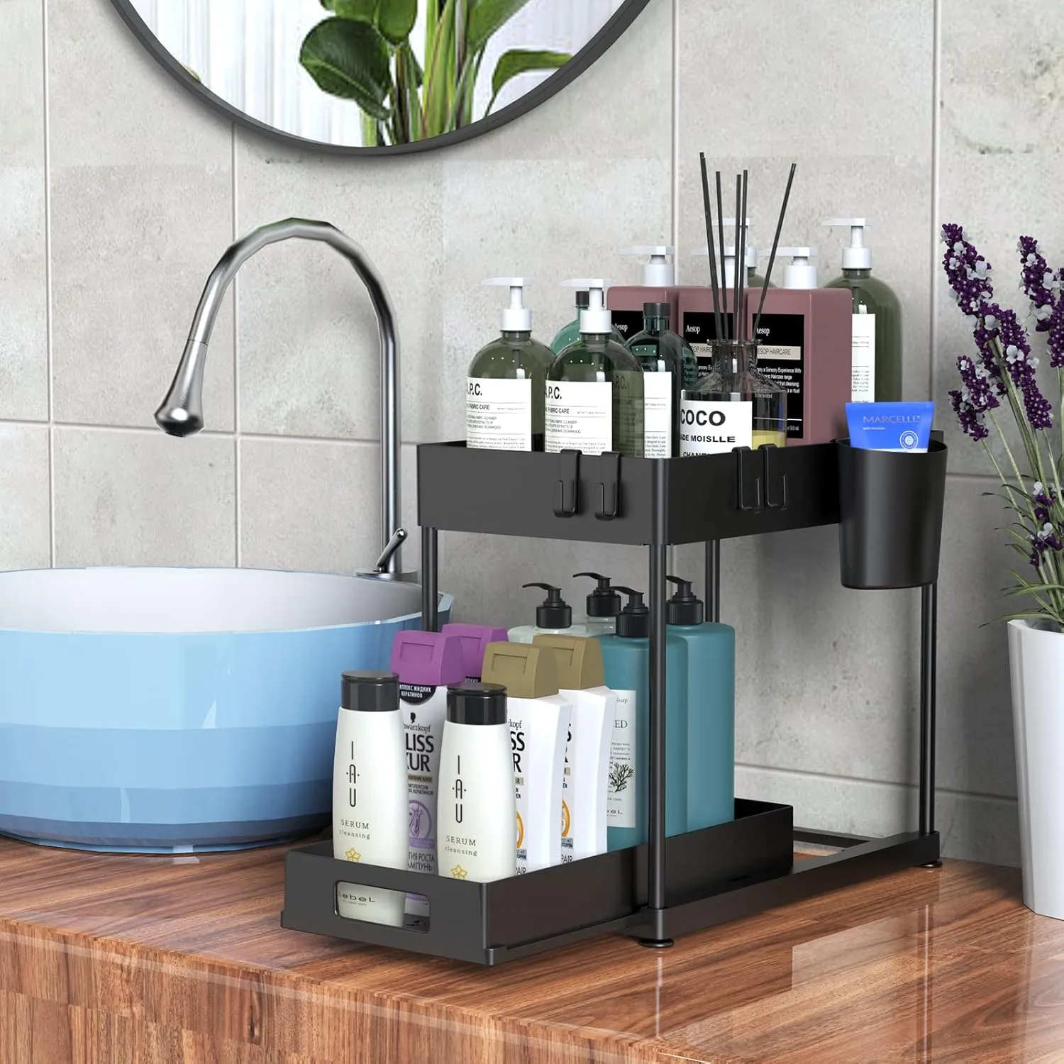 Under Sink Organizers and Storage, 2 Pack Large Capacity Heavy Load Pull-out Under Sink Shelves with Sliding Drawer for Kitchen and Bathroom, Black, 12 x 8.7 x 15.7 inch