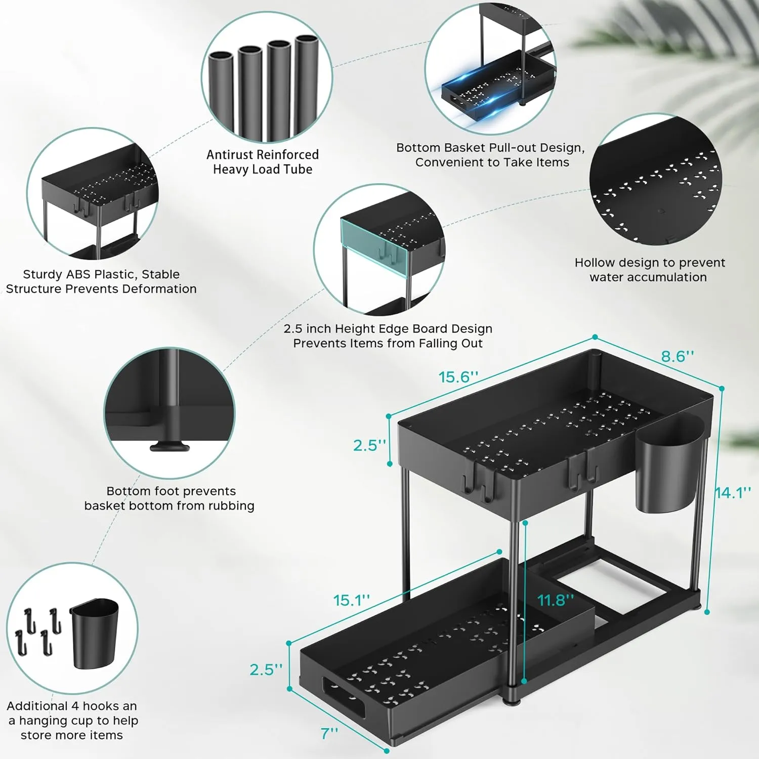 Under Sink Organizers and Storage, 2 Pack Large Capacity Heavy Load Pull-out Under Sink Shelves with Sliding Drawer for Kitchen and Bathroom, Black, 12 x 8.7 x 15.7 inch