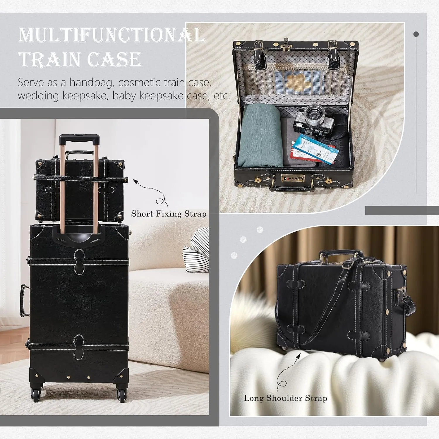 UNIWALKER 2 Piece Vintage Suitcase Set, 20" Handcraft Carry on Luggage with Train Case for Women Men, Retro Trunk with Spinner Wheels, BLACK