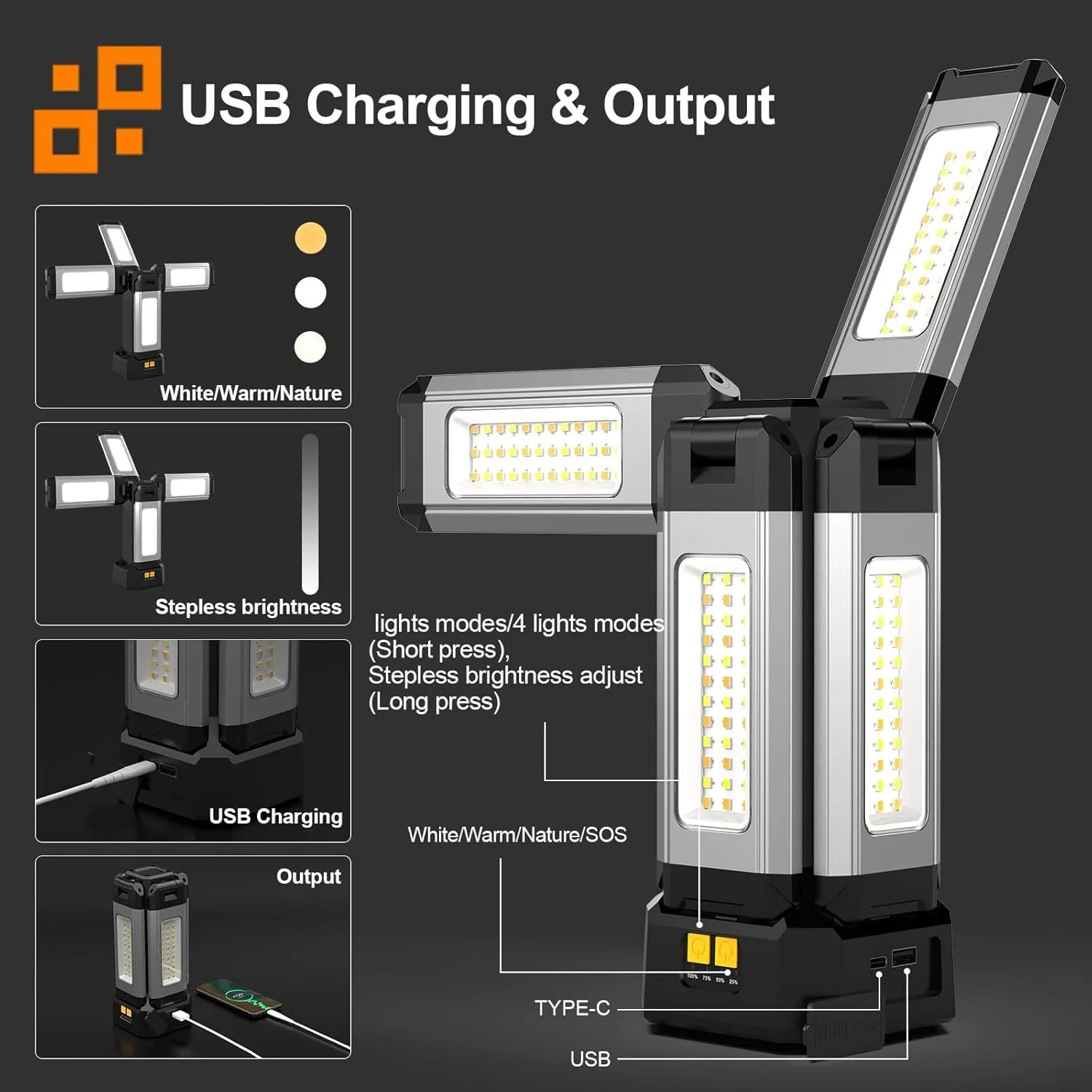 Upgraded Aluminum13200mAh Rechargeable Work Light with Folding Stand and Carrying Bag, AODOO 8000 Lumen Cordless Camping Light, White/Warm/Nature White with Detachable Tripod (Remote)