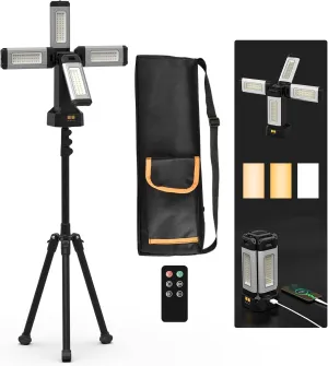Upgraded Aluminum13200mAh Rechargeable Work Light with Folding Stand and Carrying Bag, AODOO 8000 Lumen Cordless Camping Light, White/Warm/Nature White with Detachable Tripod (Remote)