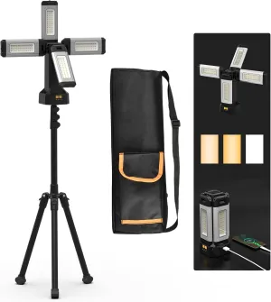 Upgraded Aluminum13200mAh Rechargeable Work Light with Folding Stand and Carrying Bag, AODOO 8000 Lumen Cordless Camping Light, White/Warm/Nature White with Detachable Tripod (Standard)