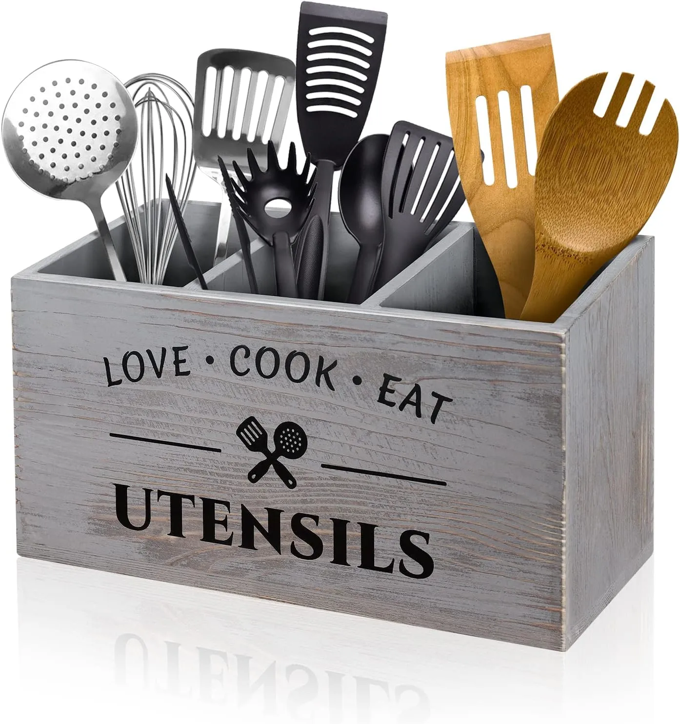 Utensil Holder with 3 Compartments, Rustic Wood Utensil Caddy Crocks for Kitchen Counter, Farmhouse Flatware Utensils Organizer Storage Box for Silverware Fork Spoon Spatula