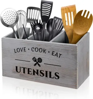 Utensil Holder with 3 Compartments, Rustic Wood Utensil Caddy Crocks for Kitchen Counter, Farmhouse Flatware Utensils Organizer Storage Box for Silverware Fork Spoon Spatula