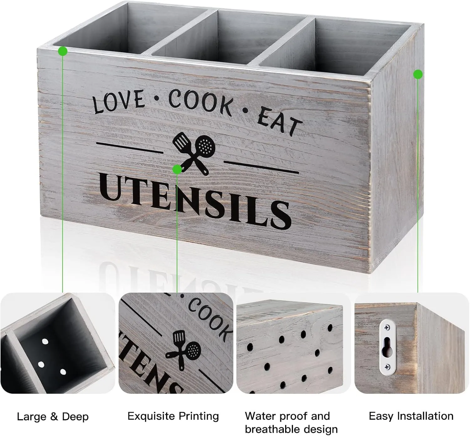 Utensil Holder with 3 Compartments, Rustic Wood Utensil Caddy Crocks for Kitchen Counter, Farmhouse Flatware Utensils Organizer Storage Box for Silverware Fork Spoon Spatula