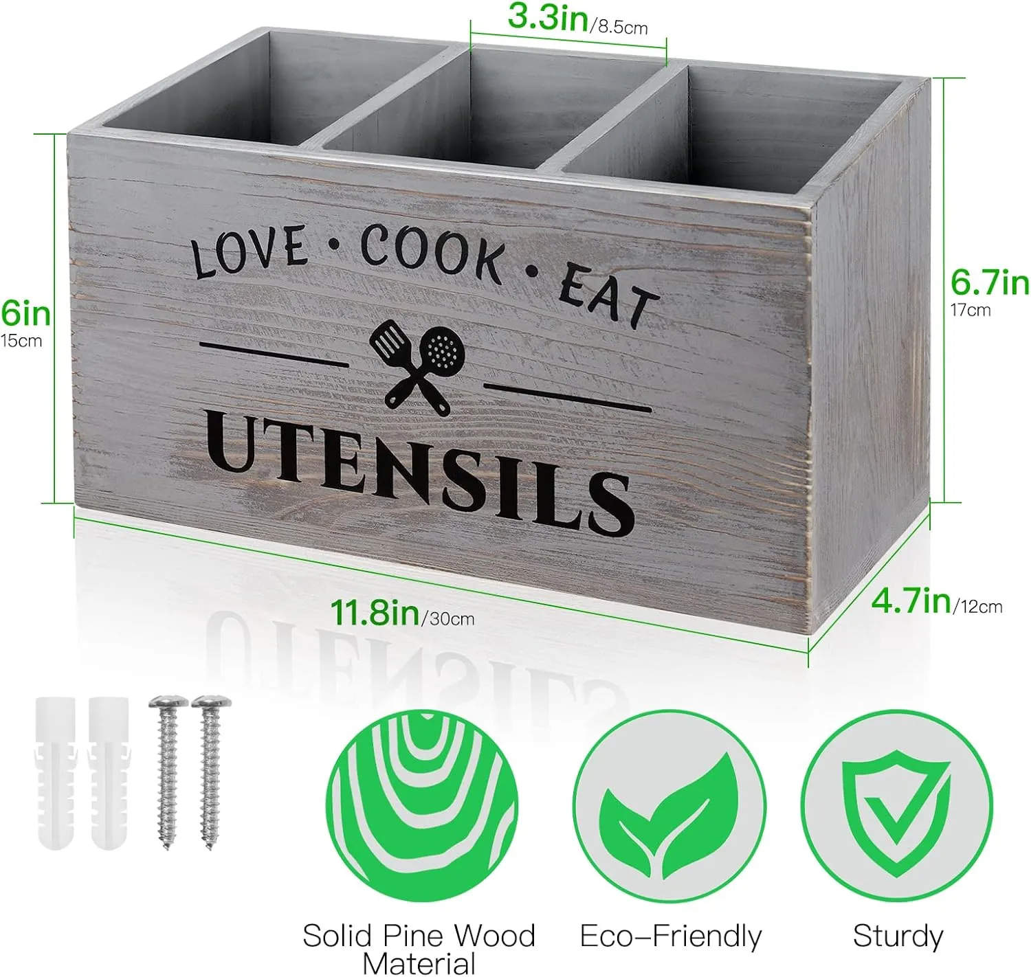 Utensil Holder with 3 Compartments, Rustic Wood Utensil Caddy Crocks for Kitchen Counter, Farmhouse Flatware Utensils Organizer Storage Box for Silverware Fork Spoon Spatula