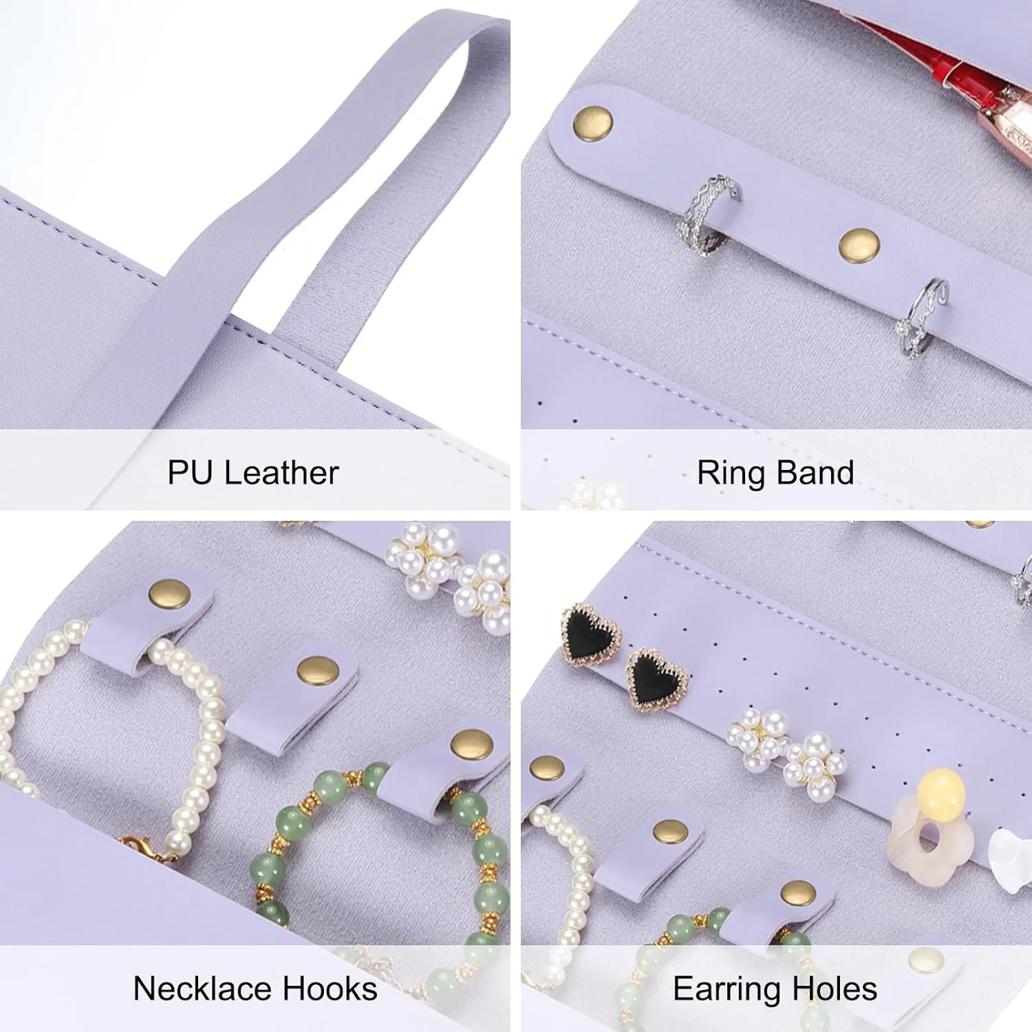 uxcell Travel Jewelry Roll Bag, Foldable Travel Jewelry Organizer Case, Portable Jewelry Pouch for Traveling Rings Necklaces Earrings Bracelets Jewelry Storage, Purple