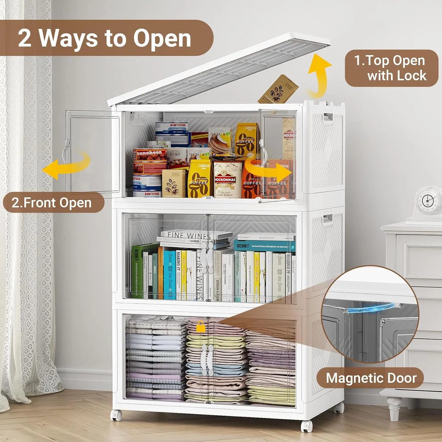 V20 400QT Stackable Storage Bins with Lid, 100Gal Plastic Box, Collapsible Containers with Wheels, Foldable Cabinets with Doors, Closet Organizer, 4Pack White