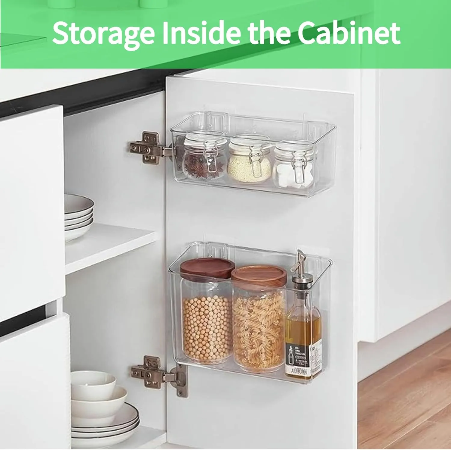 vacane 2 Pack Plastic Adhesive Mount Over Cabinet Door Organizer, Wall Organization Container Makeup Organizer Hanging Basket Bins for Kitchen, Pantry, Craft Room, Office, Space Saving Holder