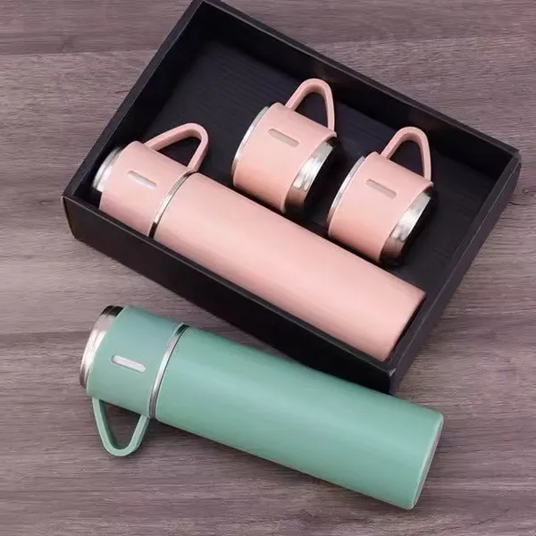 Vacuum Flask Set with 2 Cups, Insulated Double Wall Stainless Steel 500ml Tea Coffee Thermal Flask with 3 Cups, Hot and Cold Bottle, Corporate Gifts (Random Colour)