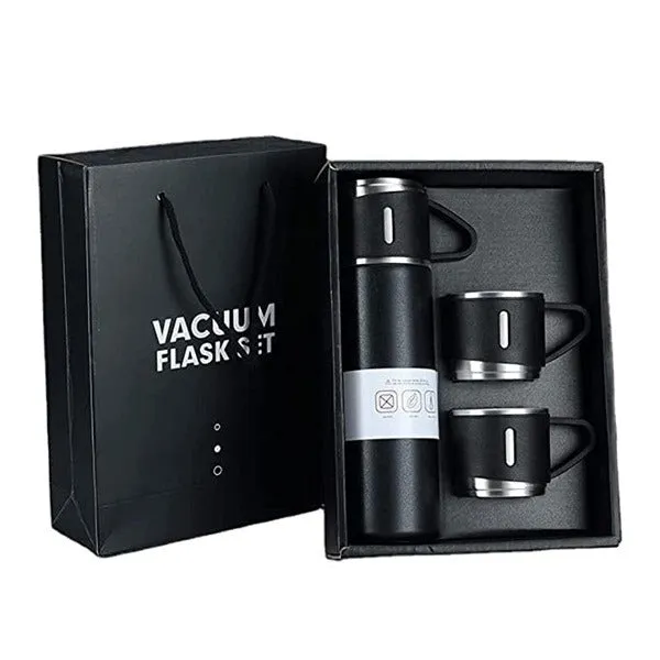 Vacuum Flask Set with 2 Cups, Insulated Double Wall Stainless Steel 500ml Tea Coffee Thermal Flask with 3 Cups, Hot and Cold Bottle, Corporate Gifts (Random Colour)