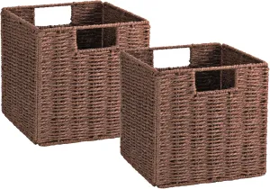 Vagusicc Wicker Storage Basket, Set of 2 Hand-Woven Storage Baskets for Shelves with Handles, Foldable Cube Storage Baskets Bins Organizer, 13 inch Large Wicker Baskets for Pantry Bedroom Decor, Brown