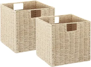 Vagusicc Wicker Storage Basket, Set of 2 Hand-Woven Storage Baskets for Shelves with Handles, Foldable Cube Storage Baskets Bins Organizer, 9 inch Wicker Baskets for Pantry Bedroom Decor, Beige