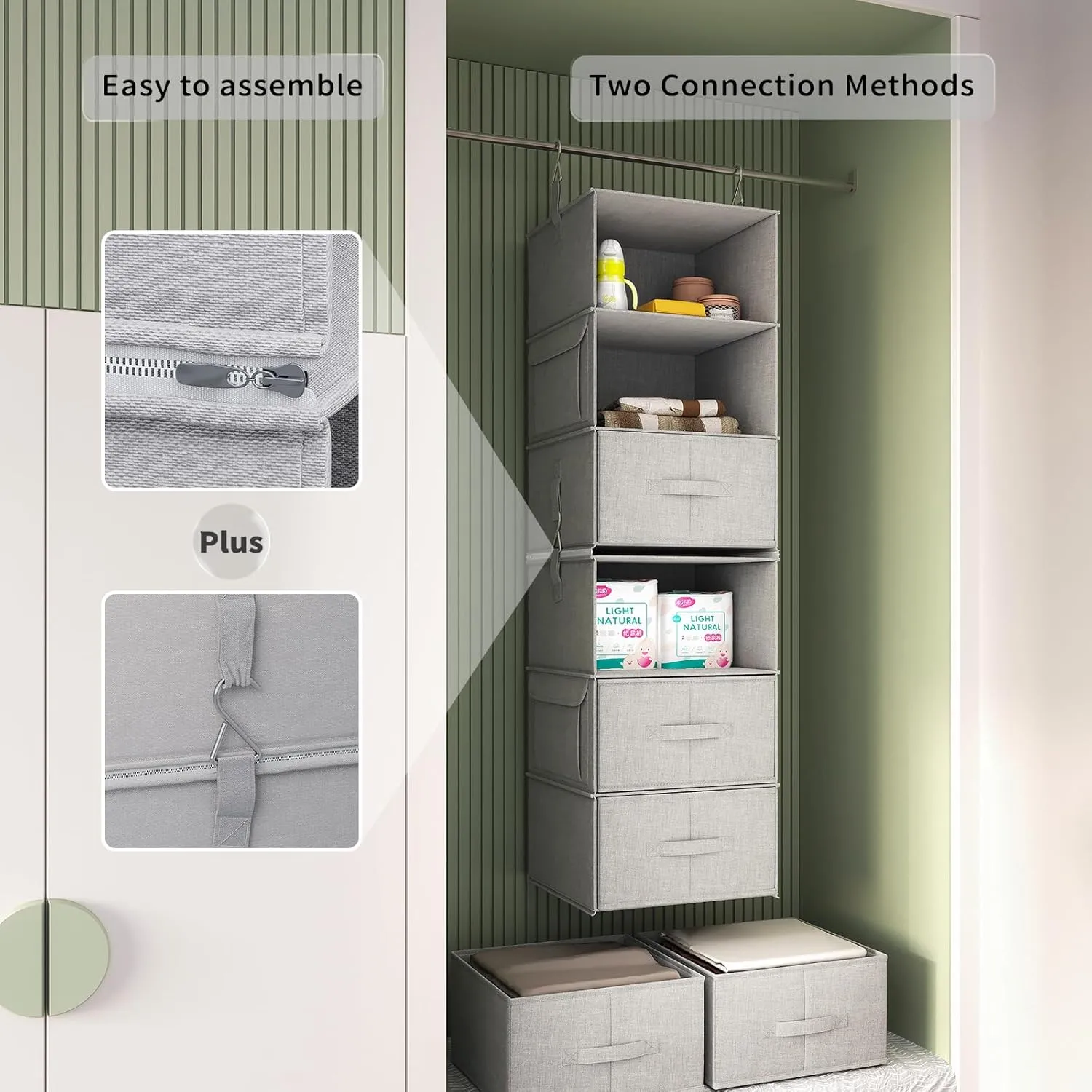 Vailando 6-Shelf Hanging Closet Organizer, 2 Separable 3-Shelf Hanging Shelves with 3 Drawers for Wardrobe, Nursery, Baby Clothes Organization and Storage