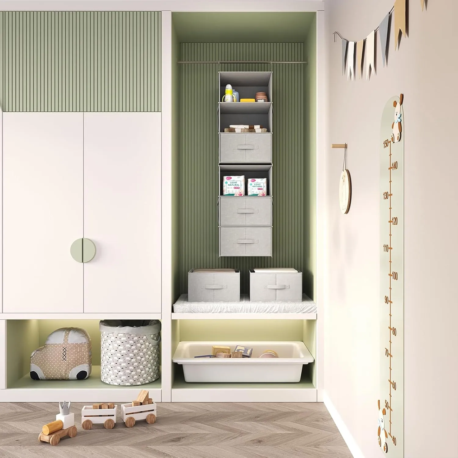 Vailando 6-Shelf Hanging Closet Organizer, 2 Separable 3-Shelf Hanging Shelves with 3 Drawers for Wardrobe, Nursery, Baby Clothes Organization and Storage