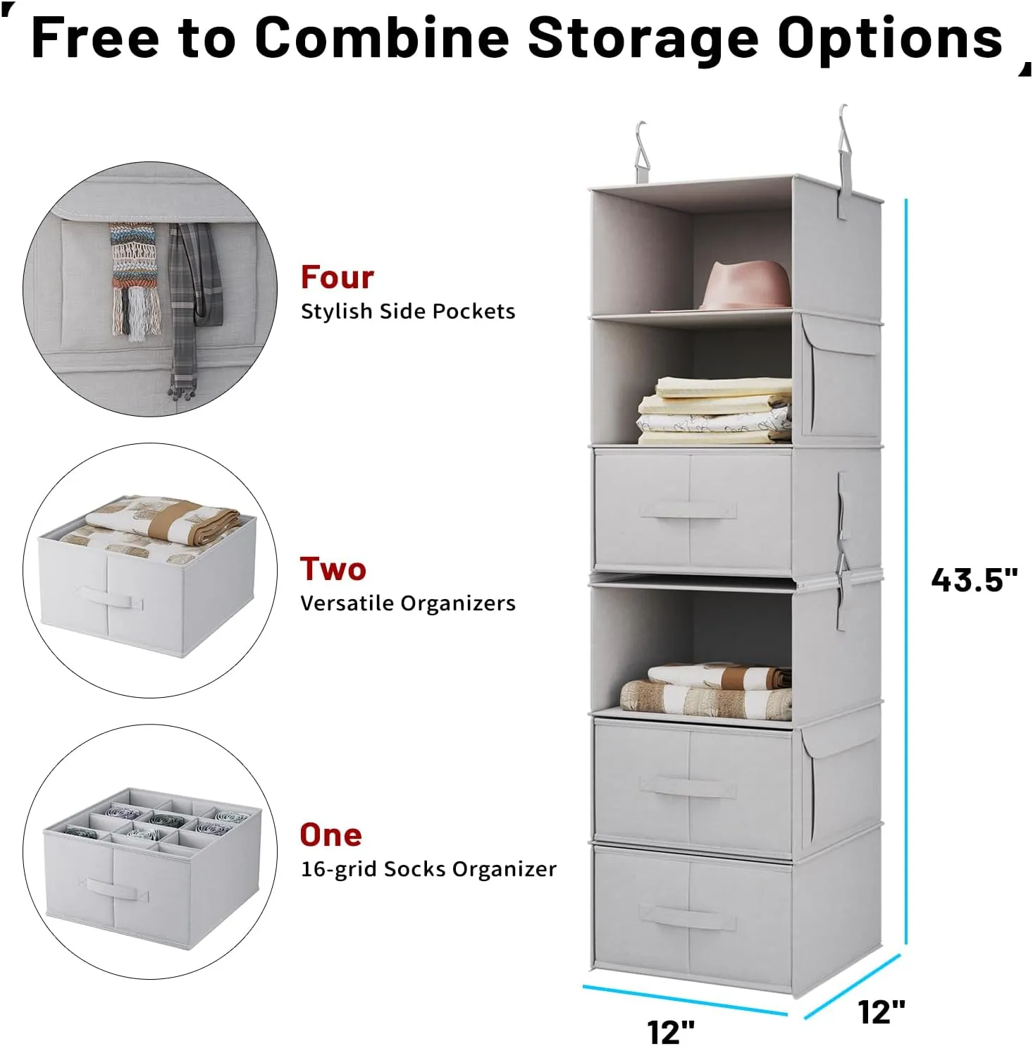 Vailando 6-Shelf Hanging Closet Organizer, 2 Separable 3-Shelf Hanging Shelves with 3 Drawers for Wardrobe, Nursery, Baby Clothes Organization and Storage