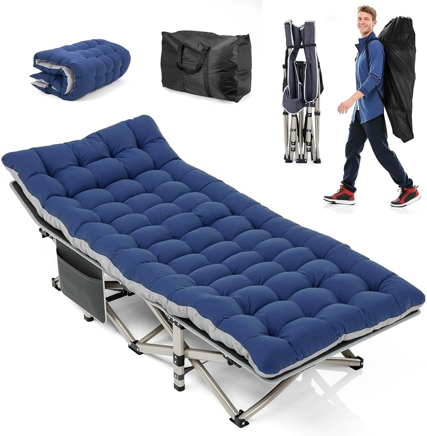VANGONA Folding Camping Cot, 1200D Double Layer Oxford Cots for Camping Travel Tent, Heavy Duty Outdoor Bed with Mat and Carry Bag, Camping Cots for Adults