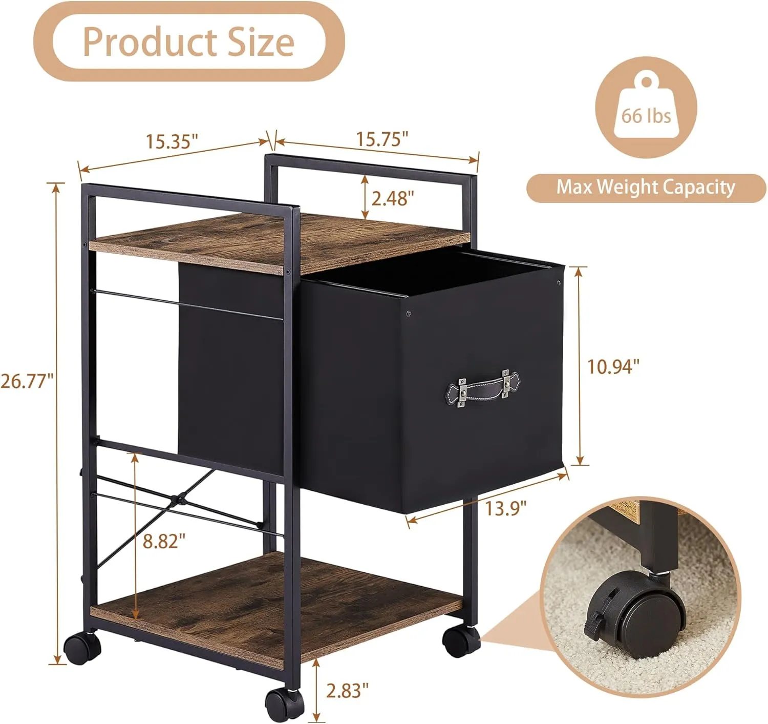 VECELO Rolling File Cart with Hanging File Folders, Mobile Desk File Organizer on Lockable Wheels, Modern File-Cabinet for Office, Home, School, Suit for Letter Size, Brown