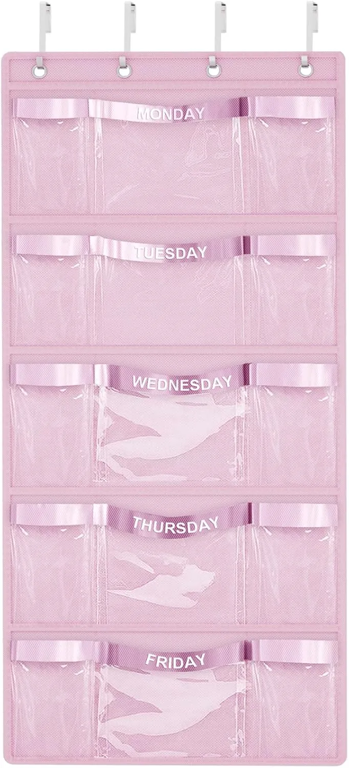 VERONLY Weekly Hanging Closet Organizer for Kids,Day of Week Kids Clothes Organizer,School Clothing Storage Monday to Friday Hanging Closet Organizer Shelves for Bedroom,Bathroom,Dorm (Pink)