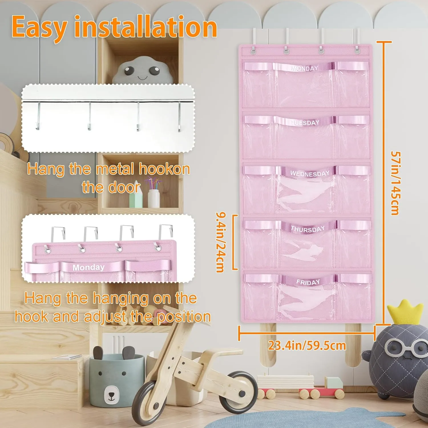 VERONLY Weekly Hanging Closet Organizer for Kids,Day of Week Kids Clothes Organizer,School Clothing Storage Monday to Friday Hanging Closet Organizer Shelves for Bedroom,Bathroom,Dorm (Pink)
