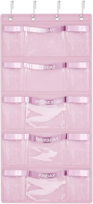 VERONLY Weekly Hanging Closet Organizer for Kids,Day of Week Kids Clothes Organizer,School Clothing Storage Monday to Friday Hanging Closet Organizer Shelves for Bedroom,Bathroom,Dorm (Pink)